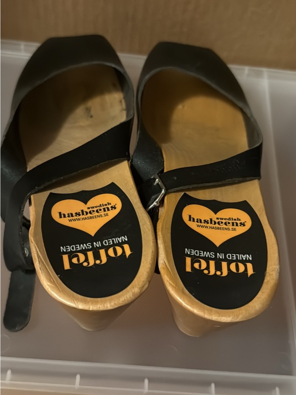 Swedish Hasbeens Black Leather Mules with Natural Wood Platform